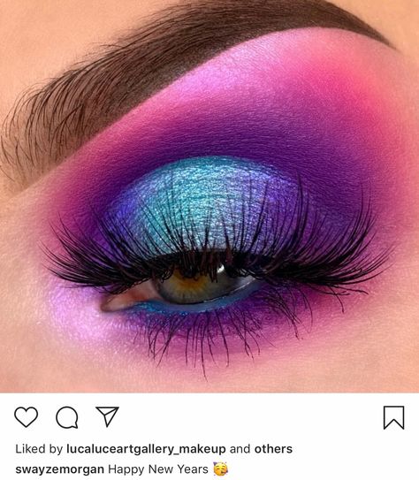 Purple And Turquoise Eye Makeup, Pink And Purple Glitter Makeup, Pink Purple And Blue Eyeshadow Looks, Pink Blue And Purple Makeup Looks, Purple Pink Blue Eyeshadow, Pink Blue Eyeshadow Looks, Fun Purple Eye Makeup, Pink Purple Blue Eye Makeup, Pink Blue Makeup Looks