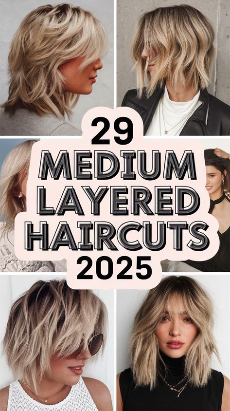 In 2025, medium layered haircuts are set to be a defining style for those seeking a balance of versatility, texture, and movement. This length and layering work for a variety of hair types, from fine to thick, and are suitable for people of all ages. Here are some trending medium layered hairstyles that are perfect for anyone looking to refresh their look with a modern twist. #29 Shaggy Blonde Layers with Soft Bangs This medium-length cut features layered waves that add volume and texture, ... Medium Layered Hairstyles, Fine Hair Bangs, Fine Hair Cuts, Medium Shaggy Hairstyles, Shoulder Length Layered Hair, Layered Thick Hair, Layered Haircuts Shoulder Length, Medium Short Haircuts, Fine Thick Hair