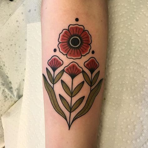 Folk Art Tattoos, Folk Art Style Tattoo, Polish Flower Tattoo, Folk Art Sleeve Tattoo, Folk Flower Tattoo, Folk Art Flowers Tattoo, Polish Tattoo Ideas, Retro Flower Tattoo, Traditional Folk Flower Tattoo