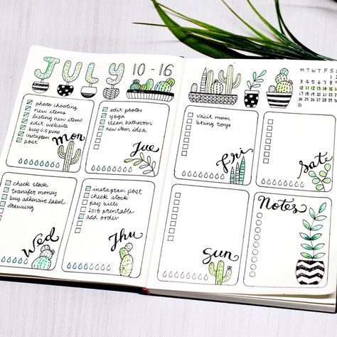 July weekly spread! Stencils use Kaktus Aesthetic, July Spread, Journal D'inspiration, Cactus Indoor, March Bullet Journal, Garden Cactus, Indoor Cactus, Bullet Journal Banner, Bullet Journal Weekly Spread