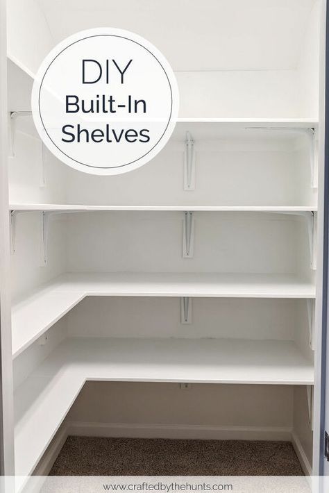 We have one storage closet in our house and we're determined to never get more stuff than what fits in that closet. But, we're only 1.5 years into living in our house and the closet is a disaster. Like can't walk in, things might fall on you when you open the door disaster.Sure, we went through our storage containers and got rid of some of the stuff we no longer needed, but the space still wasn't working. We decided it was time to tackle some DIY shelves to organize our walk-in storage closet. Diy Shelves Design, Diy Built In Shelves, Diy Shelves Ideas, Pantry Can Organization, Shelves Storage Ideas, Storage Closet Shelving, Diy Closet Storage, Diy Storage Shelves, Diy Storage Bench