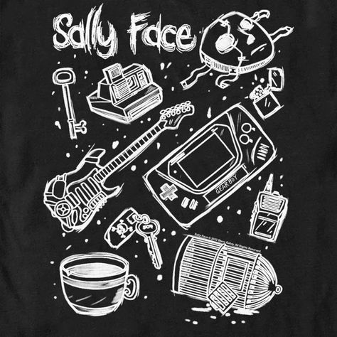 Join Sal Fisher, aka Sally Face as he and his friends investigate local murders in the exciting indie adventure game created by Portable Moose, Sally Face! This Men's Sally Face Icon Doodles Graphic T-Shirt features doodles of Sal's mask, a guitar, a Gear boy, an instant camera, keys, a lighter, a coffee cup, a bird cage, and a Walkie-talkie. Get some new Sally Face apparel today and join the boy with the prosthetic face on his next investigation! Sally Face Gameboy, Sally Face Symbols, Sally Face Quotes, Sally Face Doodles, Sally Face Tattoo Ideas, Sally Face Wallpaper Iphone, Sally Face Nails, Sally Face Drawings, Sally Face Guitar