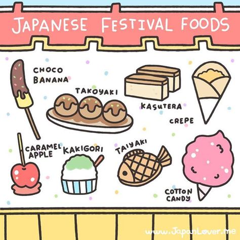 Japan Lover Me — These are some of the various kinds of food you... Japan Summer Festival Illustration, Japan Lover Me, Summer Japan, Festival Foods, Choco Banana, Matsuri Festival, Japan Bucket List, Japanese Summer, Festival Food