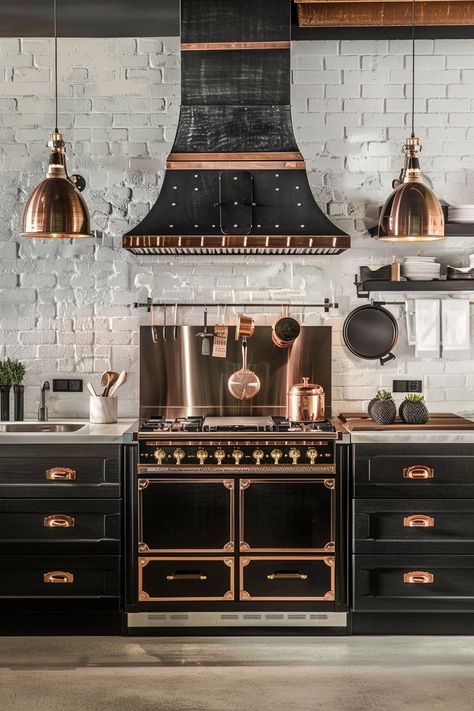 29 Stunning Copper Kitchen Decor Ideas That Will Wow Your Guests Modern Copper Kitchen, Copper Kitchen Accents, Black And Copper Kitchen, Cooper Kitchen, Copper Kitchen Decor, Elegant Kitchen Design, Kitchens Luxury, Copper Decor, Kitchen Decor Ideas