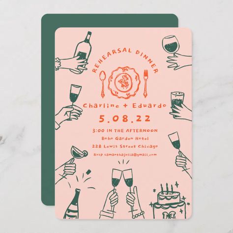 Handpainting Retro  Contemporary Rehearsal Dinner Invitation Retro Contemporary, Rehearsal Dinner Invitation, Dinner Invitation, Rehearsal Dinner Invitations, Dinner Invitations, Rehearsal Dinners, Rehearsal Dinner, Invitation Card, Invitation Design