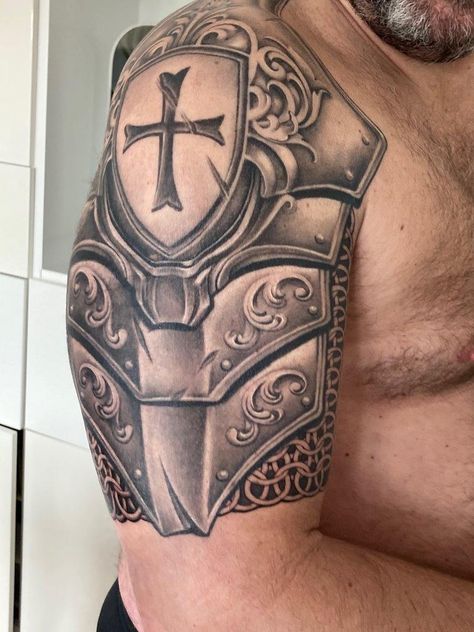 Armor Of God Tattoo For Men, Armour Tattoo Design, Shield Tattoos For Men, Knight Armor Tattoo, Plate Tattoo, Armor Sleeve Tattoo, Templar Knight Tattoo, Armor Of God Tattoo, Armour Tattoo