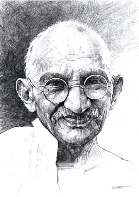 History- “Gandhi Jayanti” is a holiday celebrated in India every year. It is in honor of Mahatma Gandhi (pictured above) on his birthday. This man is important to the country because he was the leader of the Independence movement and is considered the father of modern India. Tributes are held and statues of him are decorated on this holiday. Mahatma Gandhi Drawing, Gandhi Drawing, Gandhi Ji, Satyameva Jayate, Traditional Drawings, Modern India, Pencil Portrait Drawing, Gandhi Jayanti, Gandhi Quotes