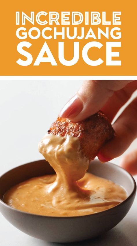 This delightful, creamy, silky, incredible gochujang sauce is what I put on everything! Dipped with chicken, drizzled on a bowl, tossed in a salad - perfect in every way. Gochujang Peanut Sauce, Gochujang Recipe Sauces, Asian Dipping Sauce For Chicken, Gochujang Soup Recipe, Chicken Dipping Sauce Recipes, Gochujang Dip, Gojuchang Sauce, Gochujang Dipping Sauce, Rice Bowl Sauce