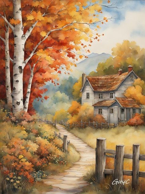 Fall Scenes Landscape, Fall Scene Drawing, Forget The Past, Easy Landscape Paintings, Watercolor House Painting, Barn Painting, Scenery Paintings, Landscape Art Painting, Cottage Art