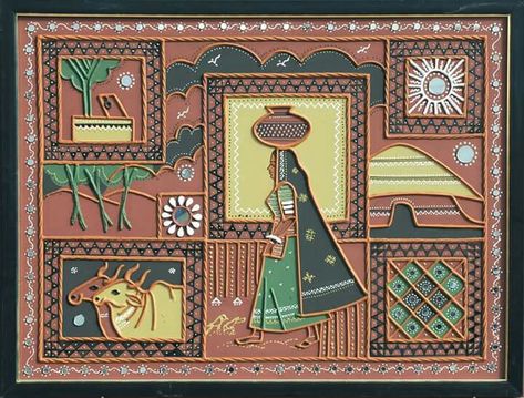 Lippan Art Design Ideas, Lippan Art Warli, Modern Traditional Wall Art, Worli Painting Designs, 3d Mural Art Ideas, Traditional Drawing Indian, Mud Painting, Mud Art, Painted Mirror Art