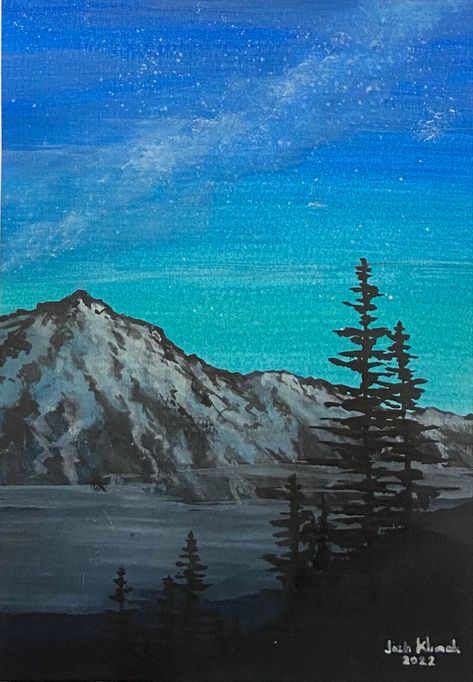 Water Mountain Painting, Mountain Silhouette Painting, Pnw Painting, Mountain Painting Simple, Pnw Mountains, Watercolor Mountain Landscape, Mountains At Night, Dusk Sky, Dark Mountains