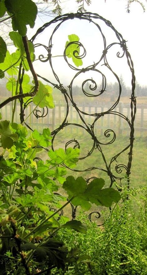 Upcycled barbed wire trellis for your garden...that is cute. just keep out of reach of children Recycled Yard Art, Garden Trellis Designs, Barbed Wire Art, Upcycled Garden, Wire Trellis, Upcycle Garden, Trellis Design, Unique Gardens, Barbed Wire