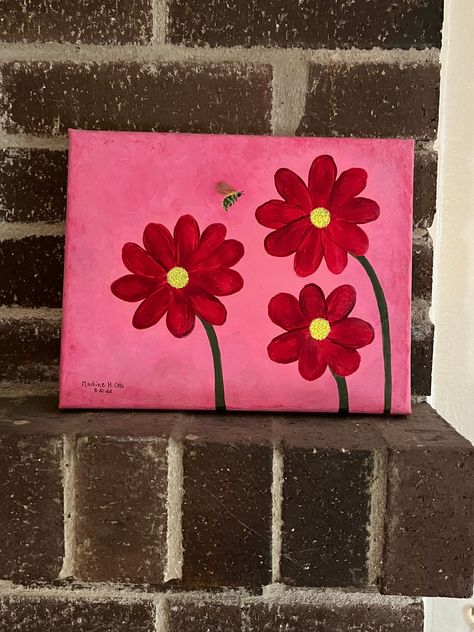 Easy Picture To Paint, Red Flower Painting Easy, Easy Canvas Flower Painting, Pink Flower Painting Easy, Cute Easy Painting Ideas On Canvas, Painting With Red Background, Easy Pink Painting Ideas On Canvas, Valentine Paintings On Canvas, Red Background Painting