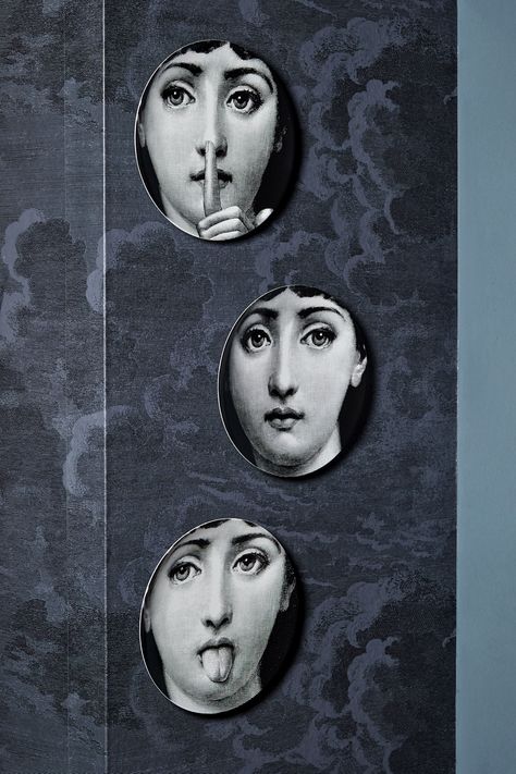 Fornasetti Plates On Wall, Composition Art Paintings, Modern And Classic Interior, Fornasetti Plates, Bar Lounge Design, Piero Fornasetti, Lounge Design, Bohemian Interior, Porcelain Plate