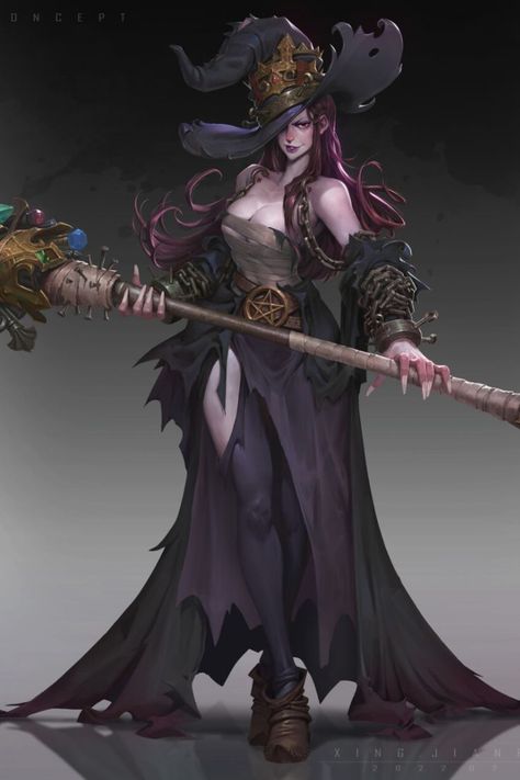 Artist: JIANFENG XING Fantasy Words, D&d Minis, 2d Game Art, Witch Aesthetic, Old Anime, Digital Art Illustration, A Witch, Female Character Design, Medieval Fantasy