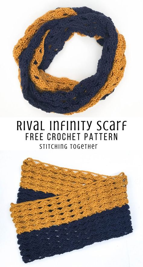 You'll love this Rival team crochet infinity scarf perfect for football season or any other time you want to show your team spirit. Or you can work in a solid color for a gorgeous everyday scarf. Click to go directly to the free pattern by Stitching Together. Easy Scarf Crochet Pattern, Easy Scarf Crochet, One Skein Crochet Scarf, Scarf Pattern Design, Crochet Infinity Scarf Free Pattern, Free Crochet Scarf, Crochet Quotes, Crochet Infinity Scarf Pattern, Crochet Scarf Easy