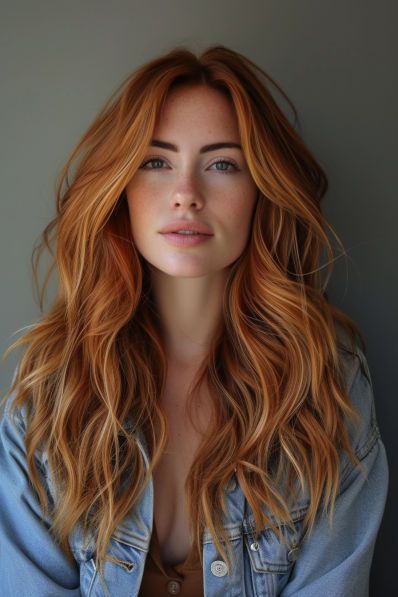 Long wavy hair with a vivid copper color, shining under soft lighting Hair Color Ideas Trending, Auburn Hair Color Ideas, Auburn Hair Color, Trending Looks, Two Toned Hair, Strawberry Blonde Hair Color, Ginger Hair Color, Hairstyle Tutorials, Hair Color Auburn