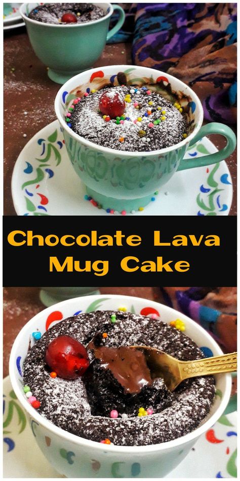 Chocolate Lava Mug Cake / Eggless Molten Lava Mug Cake – At My Kitchen Molten Lava Mug Cake, Mug Lava Cake, Lava Cake In A Mug, Chocolate Volcano Cake, Chocolate Lava Mug Cake, Mug Cake Eggless, Lava Cake Recipe Easy, Lava Mug Cake, Dessert In A Mug