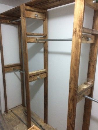 Diy Wooden Closet Organizer, Mobile Home Closet Remodel Single Wide, Diy Standing Closet, Stand Alone Closet Ideas, Diy Free Standing Closet, Rustic Closet Organization Ideas, Diy Freestanding Closet, Diy Closet System, Pallet Closet