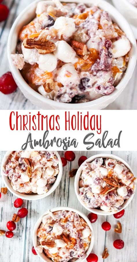 We took a traditional side dish and turned it into the best Christmas Holiday Ambrosia Salad. Loaded with cranberries, pecans, mandarin oranges and more. A holiday favorite! Salad Mandarin Oranges, Brunch Salad, Christmas Side Dish Recipes, Christmas Desserts Party, Christmas Salad Recipes, Christmas Salad, Christmas Salads, Christmas Side Dishes, Christmas Sides