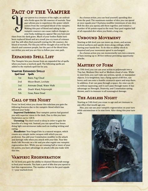 Vampire Warlock Dnd, Dnd Vampire Race, Warlock Homebrew 5e, Dnd Vampire, Vampire Spells, Dnd Warlock, Dnd Subclasses, Warlock Dnd, Character Classes