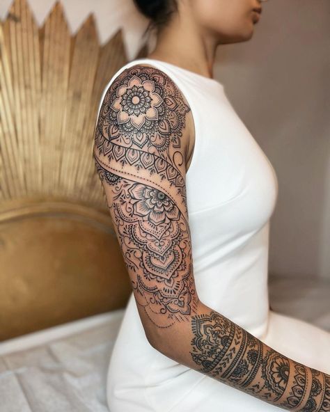 Henna Upperarm Tattoo 🤍 (Forearm healed) 📍Los Angeles 💌 anaischabanetattoo@hotmail.com • • • • • • • • • • • • • • #tattoo… | Instagram Mandala Woman Tattoo, Henna Tattoo Sleeve Women, Mandala Tattoo For Shoulder, Chakra Sleeve Tattoos For Women, Women’s Mandala Sleeve Tattoo, Mandala Back Tattoos For Women, Henna Arm Sleeve Tattoo, Boho Shoulder Tattoos For Women, Back Of Arm Mandala Tattoo