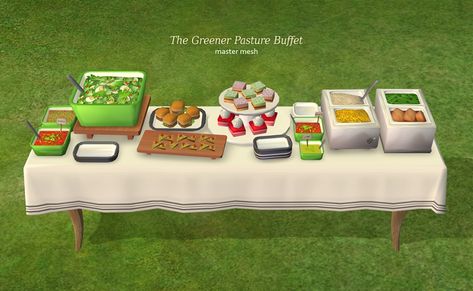 Sims 2 food | The Greener Pasture Buffet Table by PineappleForest/Mod The Sims Sims 2 Food, Living Room Sims 4, Sims Memes, Tile Tables, Sims 4 Cc Eyes, Mod Decor, Sims 4 Teen, Toasting Flutes, Green Bowl