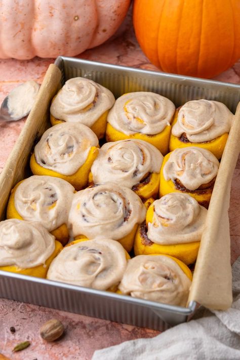 Sourdough Pumpkin Cinnamon Rolls with Chai Cream Cheese Frosting Fall Sourdough, Types Of Cinnamon, Real Pumpkin Puree, Sourdough Pumpkin, Make Ahead Brunch Recipes, Micro Bakery, Bread Proofer, Brioche Dough, Cream Cheese Frosting Easy