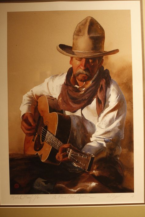 Cowboy playing a Martin guitar. Cowboy Poems, Cowboy Playing Guitar, Cowboy Guitar, Guitar Paintings, Cowboy Hat Drawing, Cowboy History, Hat Drawing, Martin Guitars, Cowboy Artists