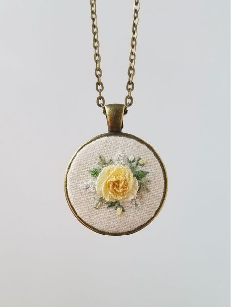 Yellow Pendant, Rose Embroidery, Rose Necklace, Embroidery Jewelry, Embroidery Hoop Art, Hoop Art, Brass Pendant, Yellow Roses, Embroidery Projects