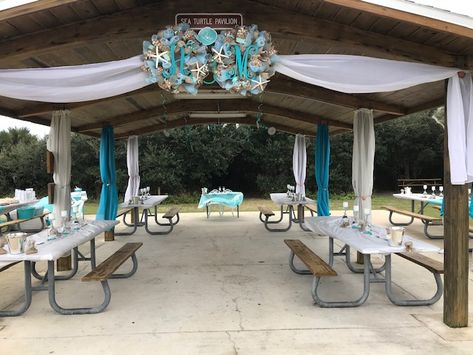 Alray & Melissa chose to rent the Sea Turtle Pavilion for their #beachwedding reception at Anastasia State Park in St. Augustine, FL. They had 40 people, brought trays of appetizers and had more food delivered. Charming and beautiful! #wedding2020 #beachweddingideas #Floridabeachweddings #destinationwedding #weddingreception #beachweddingdecor #Bohowedding Beach Pavilion Wedding, Park Wedding Ideas Pavilion, Park Pavilion Wedding Decorations, State Park Wedding Reception, Pavilion Baby Shower Ideas, Pavillion Party Decorations Park, Park Shelter Wedding, Pavilion Party Decorations, Park Pavilion Decorations