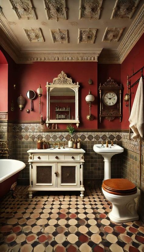 20 Stunning Victorian Bathroom Ideas That Will Transform Your Space 30 Victorian Homes Interior Bathroom, Small Victorian Bathroom, Victorian Bathroom Ideas, Old Victorian Homes Interior, Victorian Maximalism, Vintage Bathroom Inspiration, Lavish Bathroom, Portfolio Reference, Bathroom Victorian