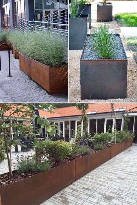 Steel Planter Boxes, Front Yard Planters, Long Planter Boxes, Long Planter, Steel Planters, Modern Landscape Design, Front Patio, Planter Ideas, Deck Garden