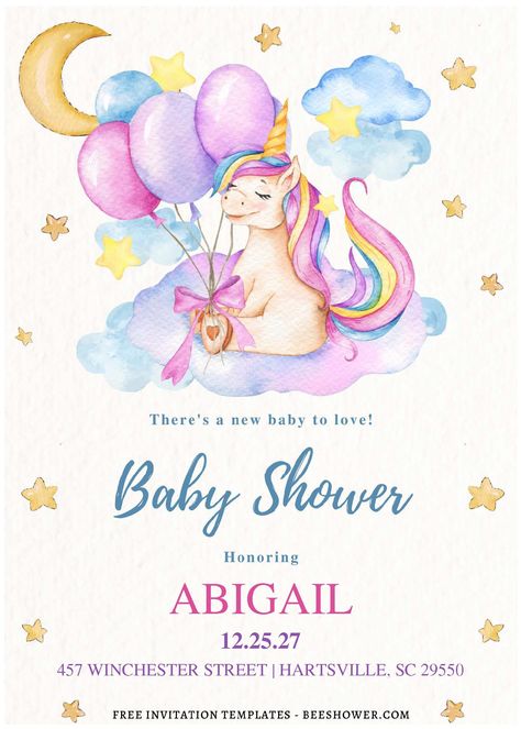 Free (Free Editable PDF) Unicorn Wishes Baby Shower Invitation Templates Unicorn Birthday Background, Unicorn Invitation Template Editable, Free Printable Baby Shower Invitations, Frame Kids Art, Unicorn Illustration, Baby Shower Invitation Template, Unicorn Baby Shower, Free Invitation Templates, Rainbow Background