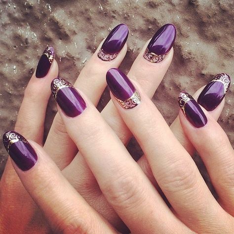 Purple And Gold Wedding Nails, Purple And Gold Nails, Rose Gold Nails Design, Purple And Gold Wedding, Gold Nail Designs, Gold Nail Art, Purple Nail Designs, Gold Nail, Rose Gold Nails