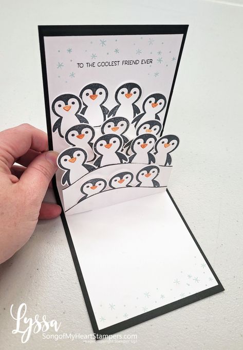 Penguin place friends stadium fold fancy Stampin Up punch christmas popup cards Lyssa Playful Penguins Stampin Up Cards, Stampin Up Punches Ideas, Penguin Builder Punch, Penguin Christmas Cards, Punch Christmas, Playful Penguins, Popup Cards, Christmas Card Making, Cardmaking Techniques