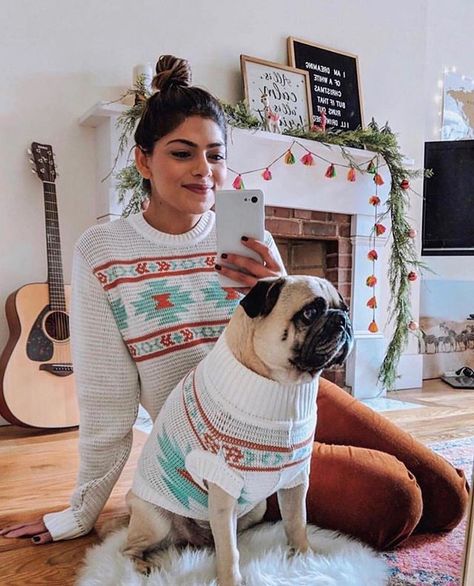 Dog mom and Pug in matching Aztec inspired sweaters. Dog And Owner, Hipster Dog, Names Girl, Cute Dog Clothes, Dog Photoshoot, 사진 촬영 포즈, Matching Sweaters, Kindred Spirits, Knit Sweaters