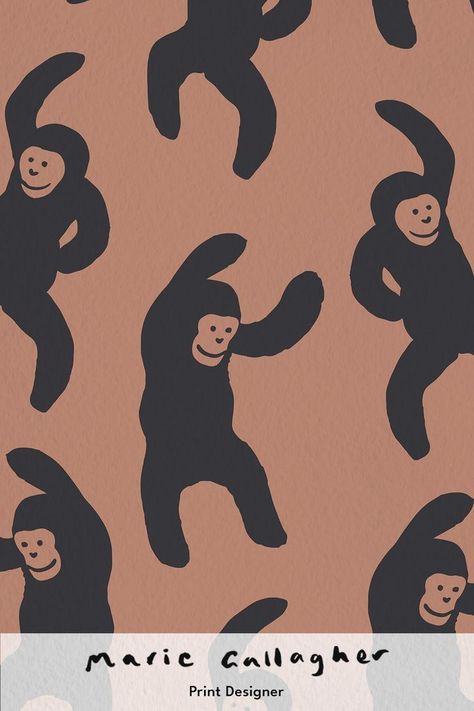 Monkey print shown on a textured paper. Underneath there is a logo that says "Marie Gallagher, Print Designer". Large Scale Prints, Cute Monkeys, Train Illustration, Monkey Illustration, Monkey Print, Monkey Art, Kids Print, Cute Monkey, Monkey Business