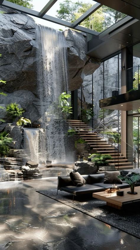 Dark Modern House Interiors, Casa Hobbit, Kolam Koi, Indoor Waterfall, Dream Life House, Dream House Rooms, Luxury Homes Dream Houses, Dream House Interior, Design Your Dream House