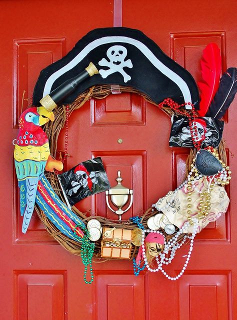 An Affordable DIY Gasparilla Wreath Gasparilla Wreath, Pirate Wreath, Kids Pirate Party, Pirate Mermaid, Pirate Party Ideas, Pirates Party, Birthday Wreath, Pirate Stuff, Cruise Door