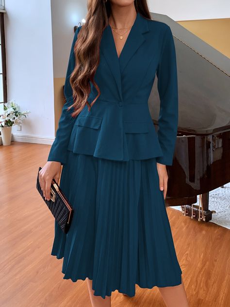 Dark Green Elegant Collar Long Sleeve  Plain  Embellished Non-Stretch Spring/Fall Women Suits Luxury Workwear Dress With Voluminous Skirt, Cheap Elegant Flared Skirt, Luxury Elegant Flared Skirt, Luxury Elegant Sets With Flared Skirt, Luxury Semi-formal Flared Skirt, Cheap Pleated Skirt For Workwear In Fall, Luxury Elegant Black Pleated Dress, Luxury Classic Black Skirt, Cheap Elegant Pleated Skirt