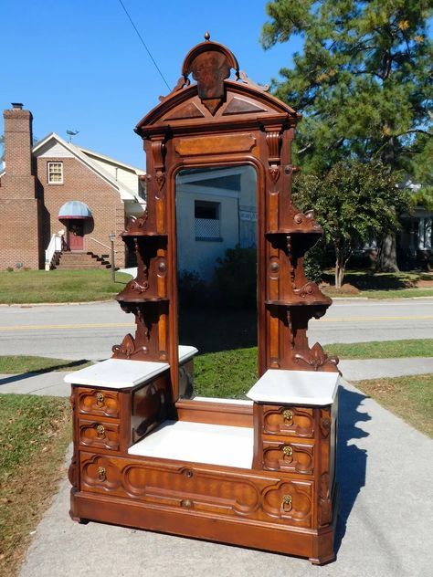 Walnut Victorian Drop Center Dresser with Etegere Top and Large Mirror | eBay Victorian Bedroom Furniture, Eastlake Furniture, Victorian Style Furniture, Deco Dressing, Antique Dressers, Victorian Desk, Victorian Dressers, Art Deco Dressing Table, Double Bed Designs