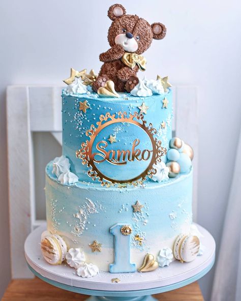 Blue teddy bear cake Teddy Bear Birthday Cake, Bear Baby Shower Cake, Teddy Cakes, Baby Shower Cake Designs, Pink Baby Shower Cake, Boys First Birthday Cake, Boys 1st Birthday Cake, Baby Boy Birthday Cake, Bear Baby Shower Theme