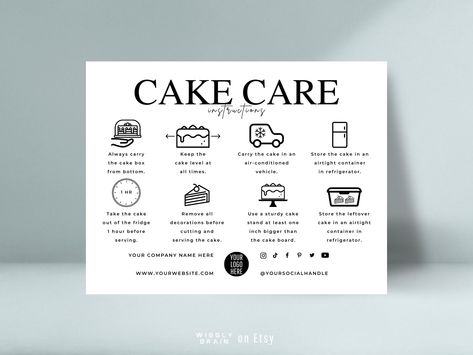 white cake care card with related black care symbols and text Cake Care Instructions Card Printable, Cake Care Instructions Card, Cake Care Card, Printing Templates, Packaging Inserts, Entrepreneurship Tips, Cake Pricing, Bakery Packaging, Design Cake