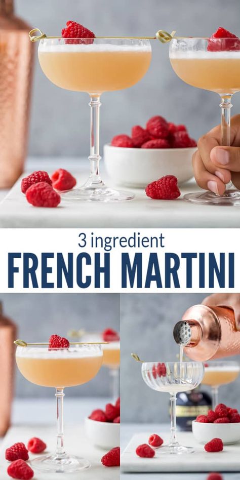 Are you looking for a fun, easy cocktail to make for your next happy hour? This 3 Ingredient French Martini comes together with a few shakes of vodka, Chambord, and pineapple juice. It's sure to impress your friends when you show up with this sophisticated and refreshing cocktail. #cocktailrecipe #martinirecipe #martinis #frenchmartini #cocktails #vodkarecipe Martini With Pineapple Juice, Easy Fun Martinis, Good Martini Recipes, Fruity Martini Recipes Vodka, Pitcher Martini Recipe, French Martini Chambord, Refreshing Martini Recipes, Martini Recipes Fruity, Different Martini Recipes