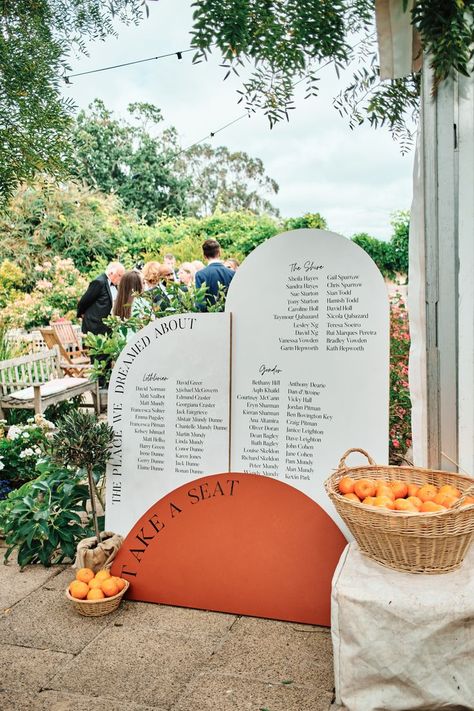 Orange Seating Chart, Orange Wedding Decorations, Portuguese Wedding, Mediterranean Vibes, Exhibition Ideas, Photo Booth Backdrop Wedding, Funky Wedding, Cash Cow, Citrus Wedding