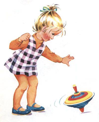 Toddler's Own Annual 1969 - "Girl with Spinning Top" Spinning Top Illustration, Spinning Top, Girls Play, Mexican Designs, Illustration Girl, Picture Cards, Wooden Art, Cute Images, Childrens Illustrations