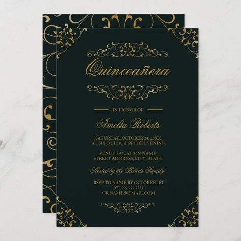 Antique Emerald Gold Flourish Quinceanera Invite Charro Invitations, Invitation Quinceanera, Horse Birthday Invitations, Quince Invitations, Quinceanera Cakes, Quinceanera Invitation, Elegant Ball Gowns, Sweet Sixteen Invitations, Quinceanera Party