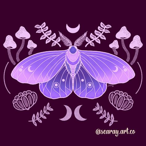 Moth And Mushroom Art, Purple Mushroom Art, Mushroom Witch Aesthetic, Mushroom Moth Tattoo, Purple Mushroom Aesthetic, Moon Moth Wallpaper, Cute Moth Art, Cute Moth Drawing, Luna Moth Drawing