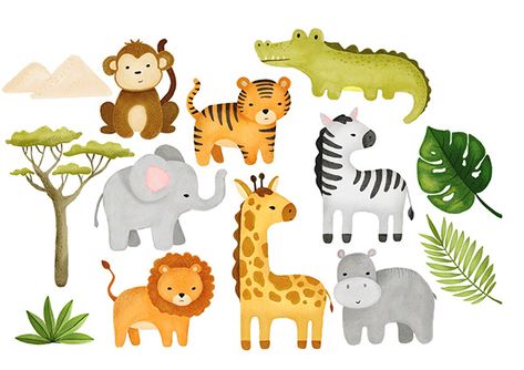 African animals clipart, watercolor on Behance Cute Wild Animals Drawing, Jungle Animals Drawing, Forest Animals Clipart, Wild Animals Drawing, Jungle Nursery Art, Jungle Style, Jungle Decorations, Safari Animals Birthday, Book Illustration Design